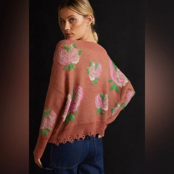 Anthropology Drop Shoulder V-Neck Sweater, Pink Combo - XS - Picture 2 of 5